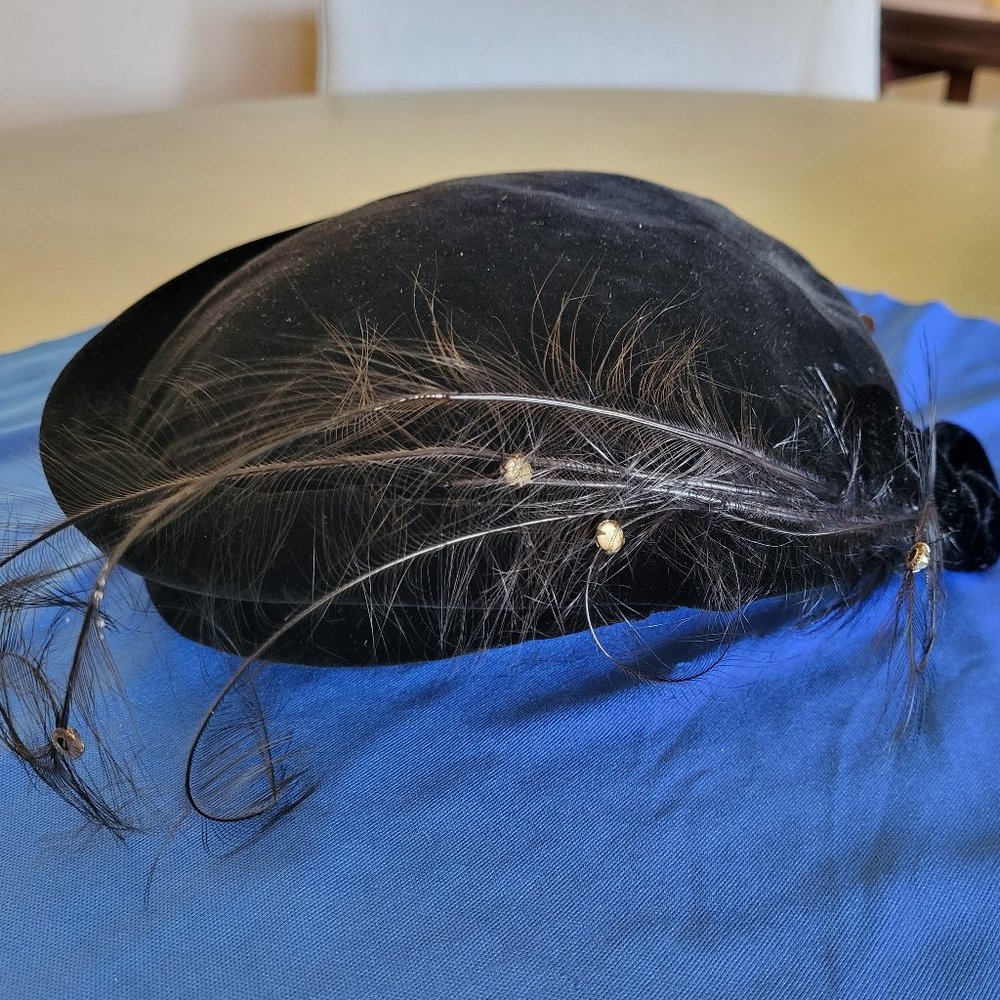 Vintage 1920's Black Velvet Pillbox Style Hat with Ostrich Feathers